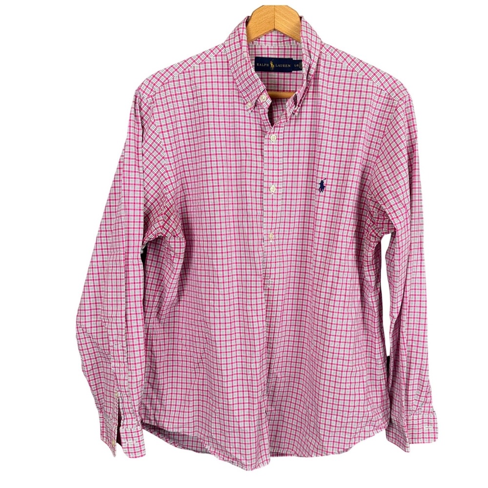Polo Ralph Lauren Mens Large Pink White Check Button Down Long Sleeve Shirt L/G